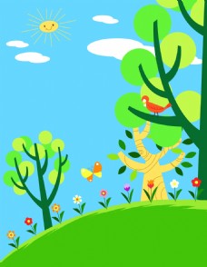 绿树矢量卡通儿童画风景背景素材