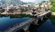 建筑风景航拍贵州长远深山峡谷建筑群古亭清澈的河水风景视频