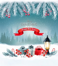 圣诞风景卡通圣诞快乐贺卡带冬季和风景和灯笼