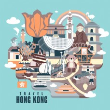 建筑卡通卡通时尚香港地标性建筑插画