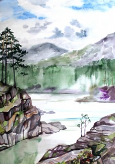水彩山地风景画