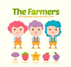 水果农场3款卡通农场游戏人物和4款水果矢量图