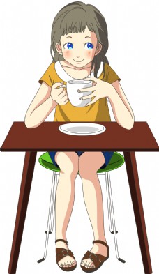 手绘喝咖啡的女生插画