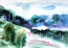 水彩山地风景画