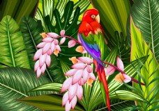 花叶热带植物林里的小鸟插画