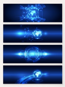 全景图一组蓝色光效科技全球地图BANNER背景