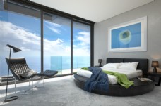 简约高端户型海景房卧室圆床设计效果图
