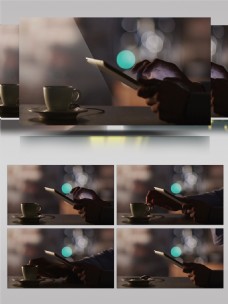 霓虹背景一杯咖啡商务休闲ipad办公视频