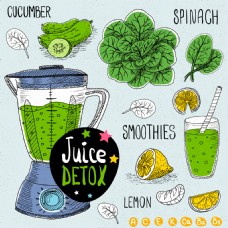 绿色健康的水果蔬菜汁插画