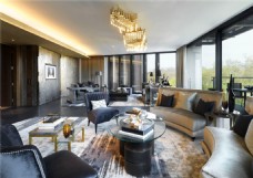 现代奢华客厅金色水晶吊灯室内装修效果图
