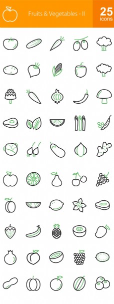 50个水果蔬菜系列绿色的黑色线条图标