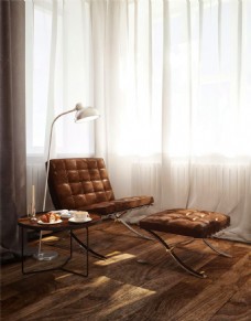 现代室内现代精致客厅褐色皮质沙发椅室内装修效果图