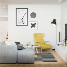 背景墙现代清新客厅深黄色皮质单人椅室内装修图