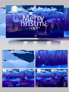 节日夜晚冬日夜晚村庄的蓝色圣诞节开场动画ae模板