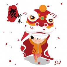 春节红色卡通风活动促销舞狮PNG免抠装饰